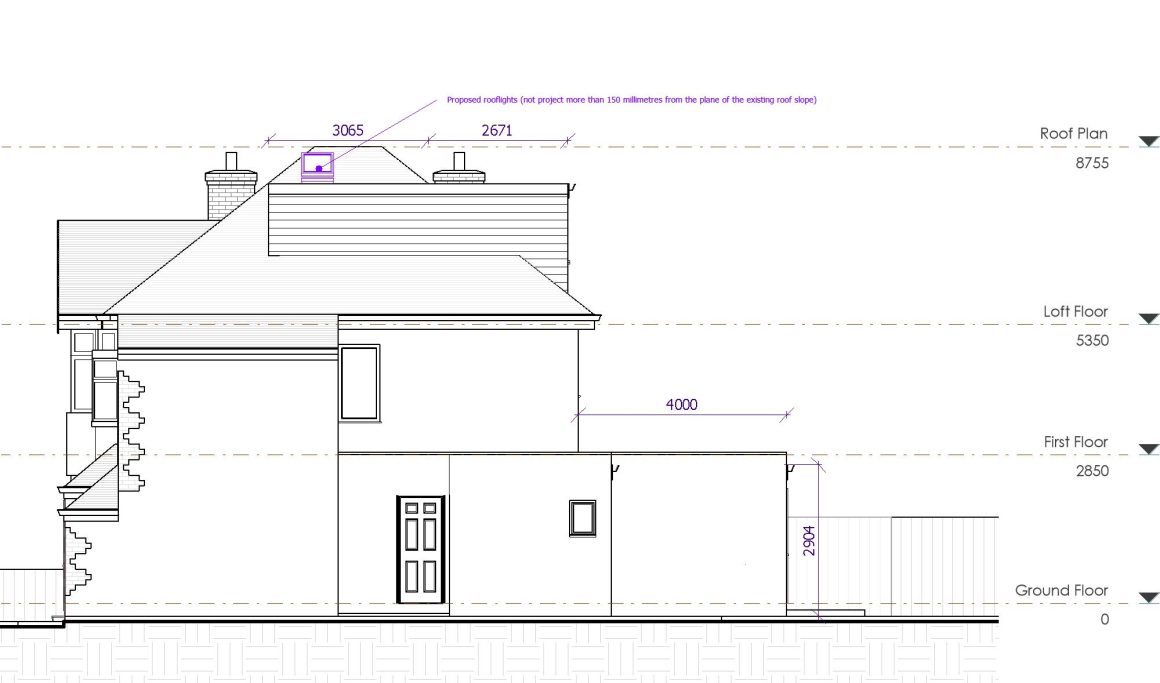 Side elevation drawing of a house, including dimensions and architectural features.