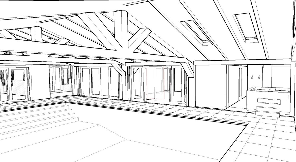 Outline of a spacious indoor pool area with exposed beams and large windows.