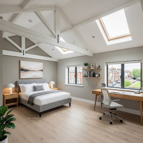 Bright modern bedroom with a double bed, desk, and large windows under a sloped ceiling.