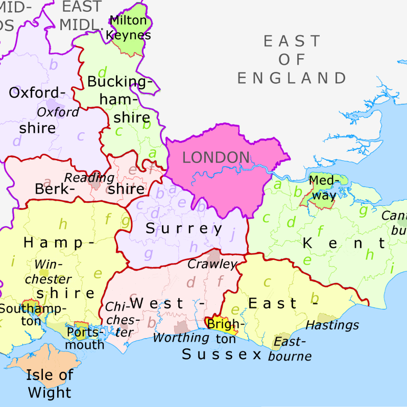 Map of South East England highlighting London and surrounding counties.