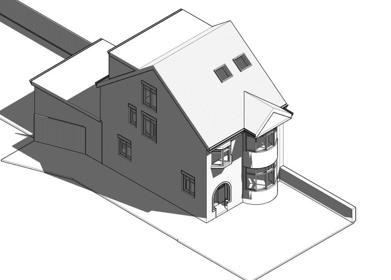 Stylised architectural drawing of a two-storey house with a curved entrance.