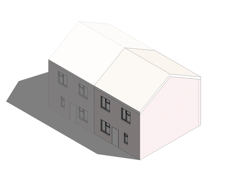 A simple isometric illustration of a two-storey house with a sloped roof.