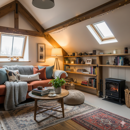 Cosy living room with a sofa, bookshelf, and a small fireplace under a sloped ceiling.