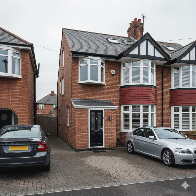 Semi-detached house with a black door, two cars parked in front, grey sky.
