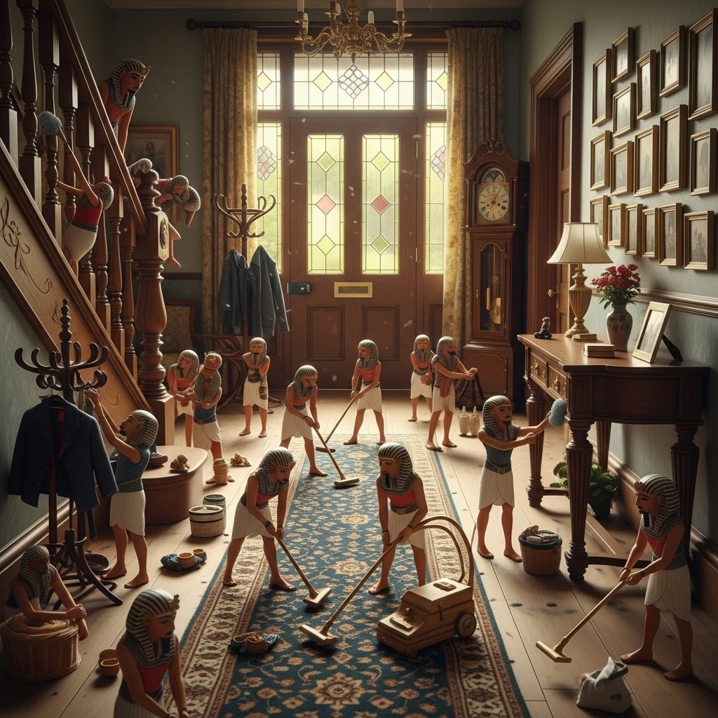 Entrance - Hallway A cluttered room with numerous small figures cleaning and tidying the space.