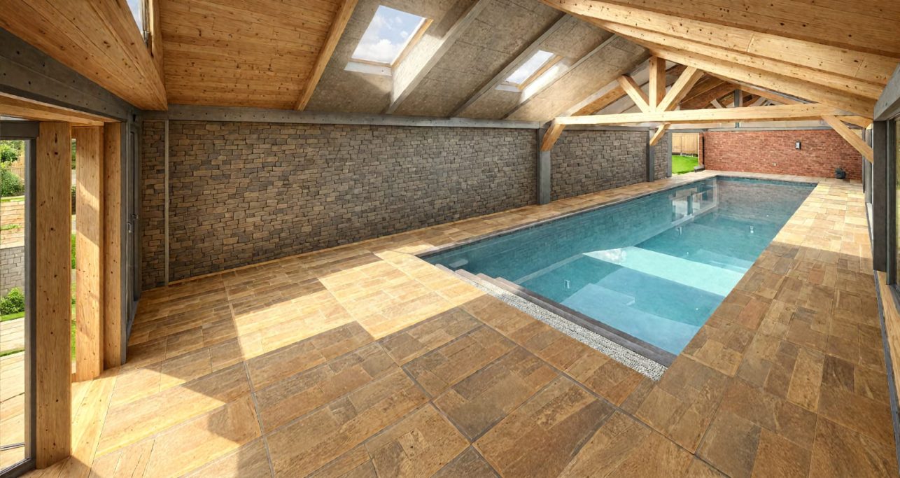 Indoor swimming pool with wooden beams and stone walls, featuring a sunlit wooden floor.