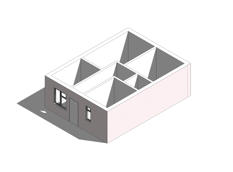 A simple isometric drawing of a small building with a sloped roof and windows.